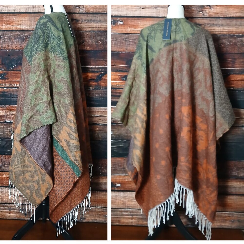 NWT Adrienne Vittadini Wrap Shawl Ruana One Size Bohemian Fringe Poncho Blanket - Picture 3 of 7